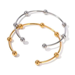 Women’s 18K Gold Plated Stainless Steel Bracelet Waterproof Multiround Ball Open Bangles