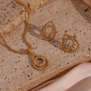 Women’s 18K Gold Plated Stainless Steel Jewelry Set Waterproof Pendant Necklace Hollow Waterdrop Crystal Pearl Stone