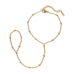 Women’s 18K Gold Stainless Steel Beaded Chain Finger Bracelet Trendy Hand Chain Jewelry for Anniversary Occasions