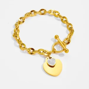 Women’s 18K Gold Stainless Steel Toggle Clasp Cubic Zirconia Heart for Bracelet Fashionable Chic Charm Accessory
