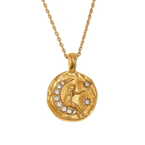 Women’s 18K PVD Gold Necklace Bamboo Chain Sporty Moon Star Heart Charm 316L Stainless Steel Jewelry Pendant
