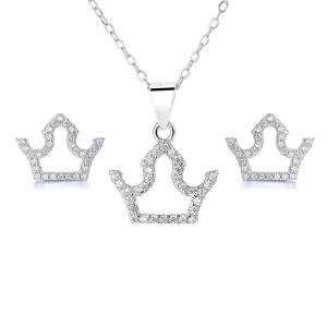 Women’s 925 Sterling Silver Crown Jewelry Set Necklace Earrings with Zircon Rhodium Plating for Wedding Engagement Anniversaries