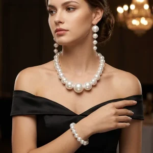 Women’s ABS Faux Pearl Beaded Necklace Bracelet Earrings Set Vintage Wedding Outfit Accessory Fashionable Pearl Sweater Chain