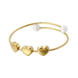 Women’s Adjustable Stainless Steel Cuff Bracelet with Heart Charm Pearl Fashion Jewelry Gift Accessory