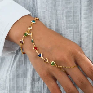 Women’s Alloy Ring Bracelet Stylish Zircon Finger Chain Vintage Hollow out Heart Charm Bracelet Adjustable Trendy