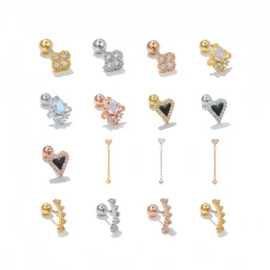 Women’s American Fashion 18K Gold Plated Brass Ear Bone Stud Earrings High Quality Heart Shaped Geometric Design Zircon Small
