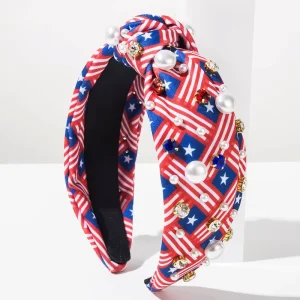 Women’s American Flag Patriotic Knotted Headband with Rhinestone & Pearl High Quality 4th of July Hair Accessories