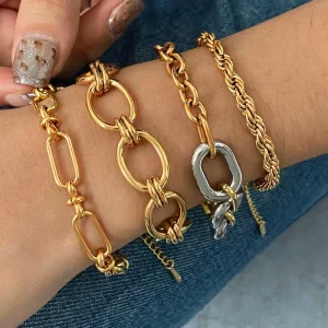 Women’s Anti Tarnish Gold Plated Mixed Chain Bracelet Waterproof Stainless Steel Fashion Bangles