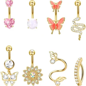 Women’s Beach Vacation Dating Stainless Steel Gold Plated Belly Button Ring Body Piercing Jewelry Set