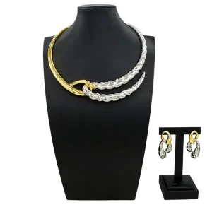 Women’s Bi Color Gold Silver Jewelry Set Textured Braided Statement Choker Necklace & Earrings HV021835