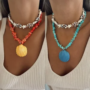 Women’s Bohemian Style Conch Rope Necklace Polished Zinc Alloy Chains Trendy Pearl Shell Collarbone Accessory