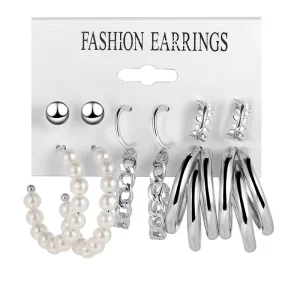Women’s Bohemian Style Geometric Earrings Set Unique Small Pearl Hoop Jewelry Mainly Made of Alloy