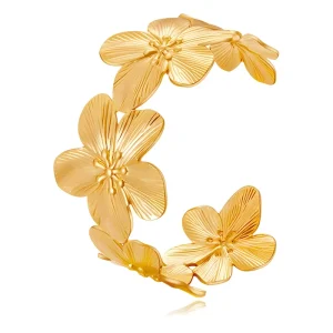 Women’s Boho Fashion Jewelry 18K Gold Plated Flowers Bracelets Brass Hammer Statement Flower Cuff Bangle