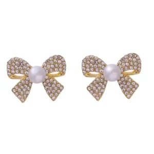 Women’s Bow Knot Earrings with Shinny Rhinestone and Pearl Simple Design Sweet Temperament Jewelry