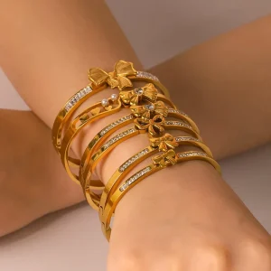 Women’s Bow Zircon Asymmetrical Bangles Stainless Steel Gold Plated Buckle Bracelet Fashion Party Geometric Trendy Jewelry