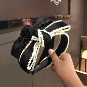 Women’s Bowknot Pearl Headband Broad sided Temperament Headband Hair Accessories Korean Fashion Elegant Big Bow Hairbands