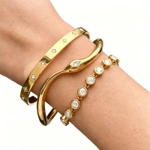 Women’s Bracelet 18K Gold and Stainless Steel with Diamonds Irregular shaped Bracelet Non fading Accessory