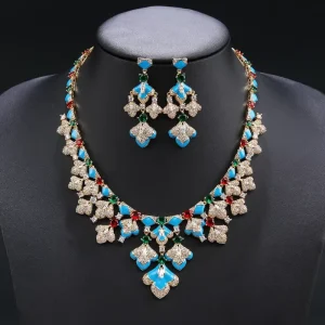 Women’s Bridal Wedding Costume Jewelry Sets Gold Cubic Zirconia Blue Black Enameled Earrings Necklace Brass CN11305