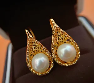 Women’s Chandelier Earrings Fashion Statement Freshwater Pearl 14K Gold Plated 8-9mm Bird’s Nest Shape