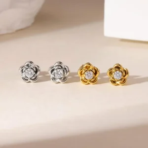 Women’s Charm Geometric Flower Zircon Stud Earrings With Gold Color Plating Stainless Steel Anniversary Party Wear
