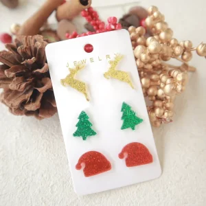 Women’s Christmas Acrylic Stud Earring Three Piece Set Reindeer Santa Hat Christmas Tree Fun Style Cross Border Earrings