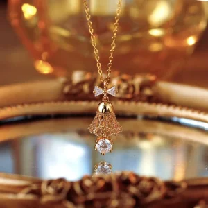 Women’s Christmas Jewelry Set Bell Shaped Gold Plated Necklace Zircon Pendant Sweet Bowknot Earrings Christmas Present