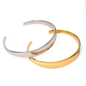 Women’s Classic Bangle Bracelet 18k Gold Plated Stainless Steel Geometric Wide Cuff Adjustable Fashion Jewelry Gift