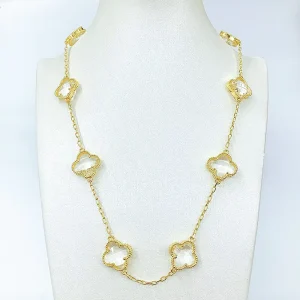 Women’s Copper Alloy 14K Gold Plated Link Chain Four Leaf Clover Flower Pendant Necklace