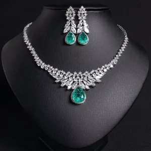 Women’s Costume Fashion AAA Cubic Zirconia Teardrop Statement Necklace Dangle Earrings Jewelry Set for Bridal Bridesmaid
