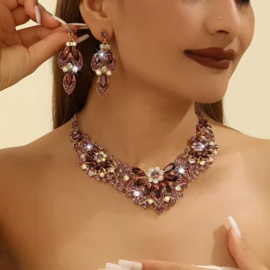 Women’s Costume Jewelry Set Luxury Wedding Rhinestone Necklace Earrings for Bride