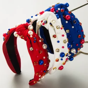 Women’s Cross Border American Independence Day Diamond Encrusted Pearl Wide Brimmed Knotted Elegant Headband Korean Style