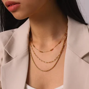 Women’s Cross border Design Sense Fashion 18K Gold Stainless Steel Three layer Rice Bead Necklace
