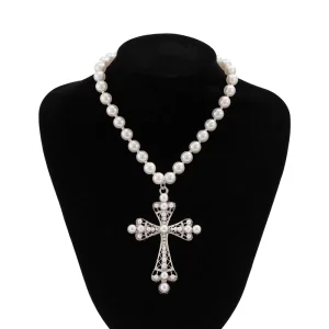 Women’s Cross style Beaded Necklace Cyberpunk Aesthetic Dark Dramatic Micro pave Setting Faux Pearls Zinc Alloy Layered