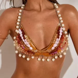 Women’s Crystal Pearl Body Chain Bead Decoration Fringed Strapless Bikini Top Body Jewelry