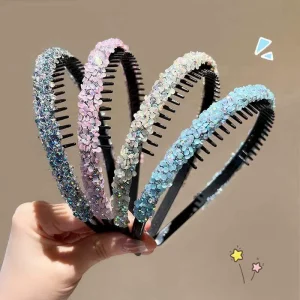 Women’s Crystal Rhinestone Non Slip Simple Hair Hoop Elegant Headband with Teeth for Headdress Accessory