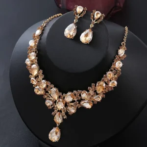 Women’s Crystal Teardrop Hollow Scroll Rhinestone Necklace Dangle Earrings Set