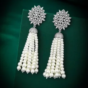 Women’s Cubic Zirconia Flower Pearl Tassel Earrings