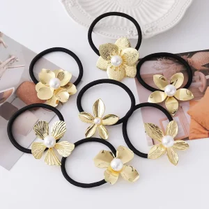 Women’s Custom Fashion Metallic Elastic Hair Tie Band Sweet Style Ponytail Holders with Flower Detail