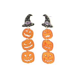 Women’s Cute Halloween Black Witch Hat Pumpkin Drop Earrings Long Dangle Statement Party Jewelry