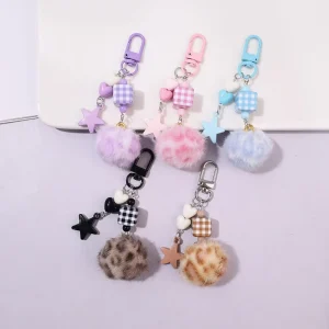 Women’s Cute Leopard Plush Fur Ball Keychain Pendant Fireproof Protective Case Breathable Design Anime Creative Style-Ihan