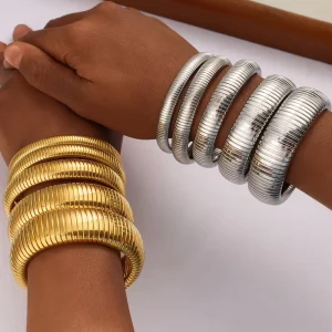 Women’s Cute Stainless Steel Bangle with 18K Gold Plating Elastic Closure Trendy Gift Jewelry Third Party Certified