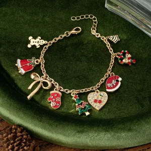 Women’s DIY Pendant Jewelry Charm Enameled Cherry Christmas Tree Snowman Gingerbread Man Reindeer Bracelet Christmas Gift
