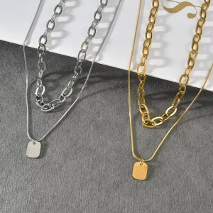 Women’s Double Chain Necklaces Fashion Stainless Steel Multi Layer Square Pendants Choker Jewelry Gift