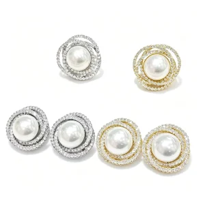 Women’s Double Halo Swirl Engagement Anniversary Jewelry Set 18K Gold Plated Brass Zircon Pearl Stud Earrings