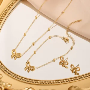 Women’s Elegant 18K Gold Plated Stainless Steel Butterfly Bow Pendant Choker Necklace Trendy Link Earring Bracelet Jewelry Gift