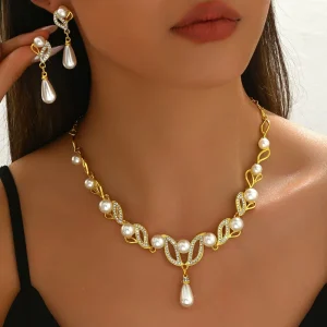 Women’s Elegant Alloy Drop Necklace Earrings Cross Border Fashion for Wedding Party Engagement Bridal Dress