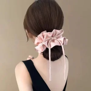 Women’s Elegant Satin Large Bow Scrunchies with Long Ribbon Vintage Ruffled Hair Ties Luxury Hair Accessories for Bun Hairstyle