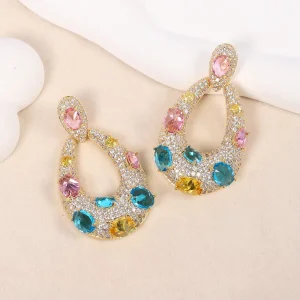Women’s European American Fashion Crystal Statement Vintage Earrings Colorful Long Micro-paved Zircons Light-luxury Chic Elegant