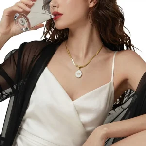 Women’s European American Fashion Flat Snake Chain Collarbone Necklace 18K Gold-Plated Octagram Oil-Drop Pendant Stainless