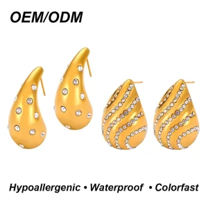 Women’s European American Fashion Light Luxury Style Exaggerated Earrings Diamonds Water Drop shaped Stainless Steel 18K Gold